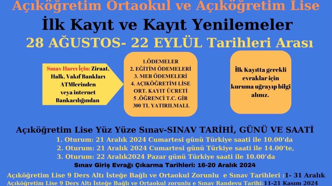 2024-2025 Eğitim Öğretim Yılı Açık Ortaokul Açık Lise ilk kayıt ve kayıt yenileme tarihleri